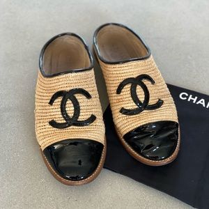 Authentic Chanel raffia mules slides logo loafers